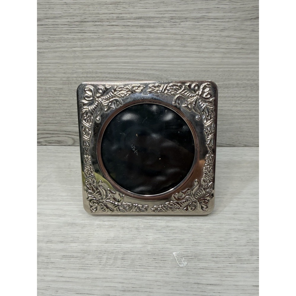 Silver Plated Square Photo Frame Round Opening Embossed Floral Ribbon Vintage